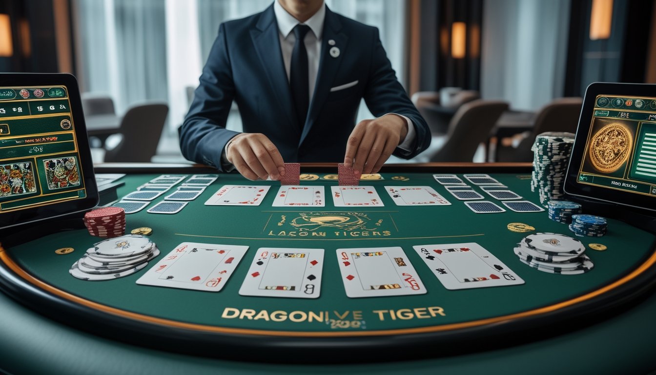 Dealer menjelaskan permainan kartu Dragon Tiger di meja kasino kepada pemula.