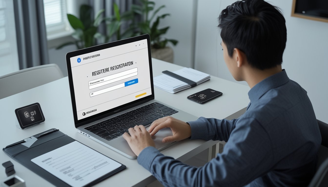 Seseorang menyiapkan pendaftaran akun melalui laptop di meja kerja yang rapi.