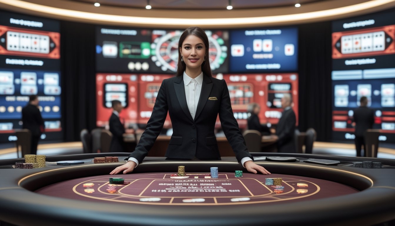Dealer wanita berdiri di studio kasino langsung dengan meja permainan dan layar digital di latar belakang.