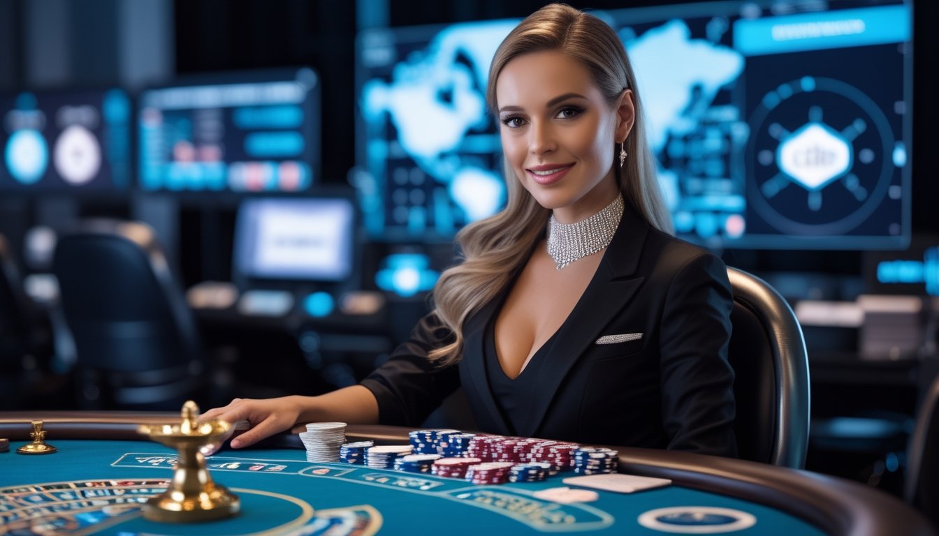 Dealer kasino wanita berada di studio kasino langsung modern dengan meja permainan dan layar digital.