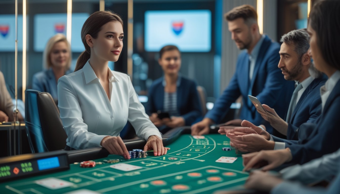 Dealer kasino profesional memandu permainan langsung di studio modern dengan penonton yang terhubung melalui perangkat digital.