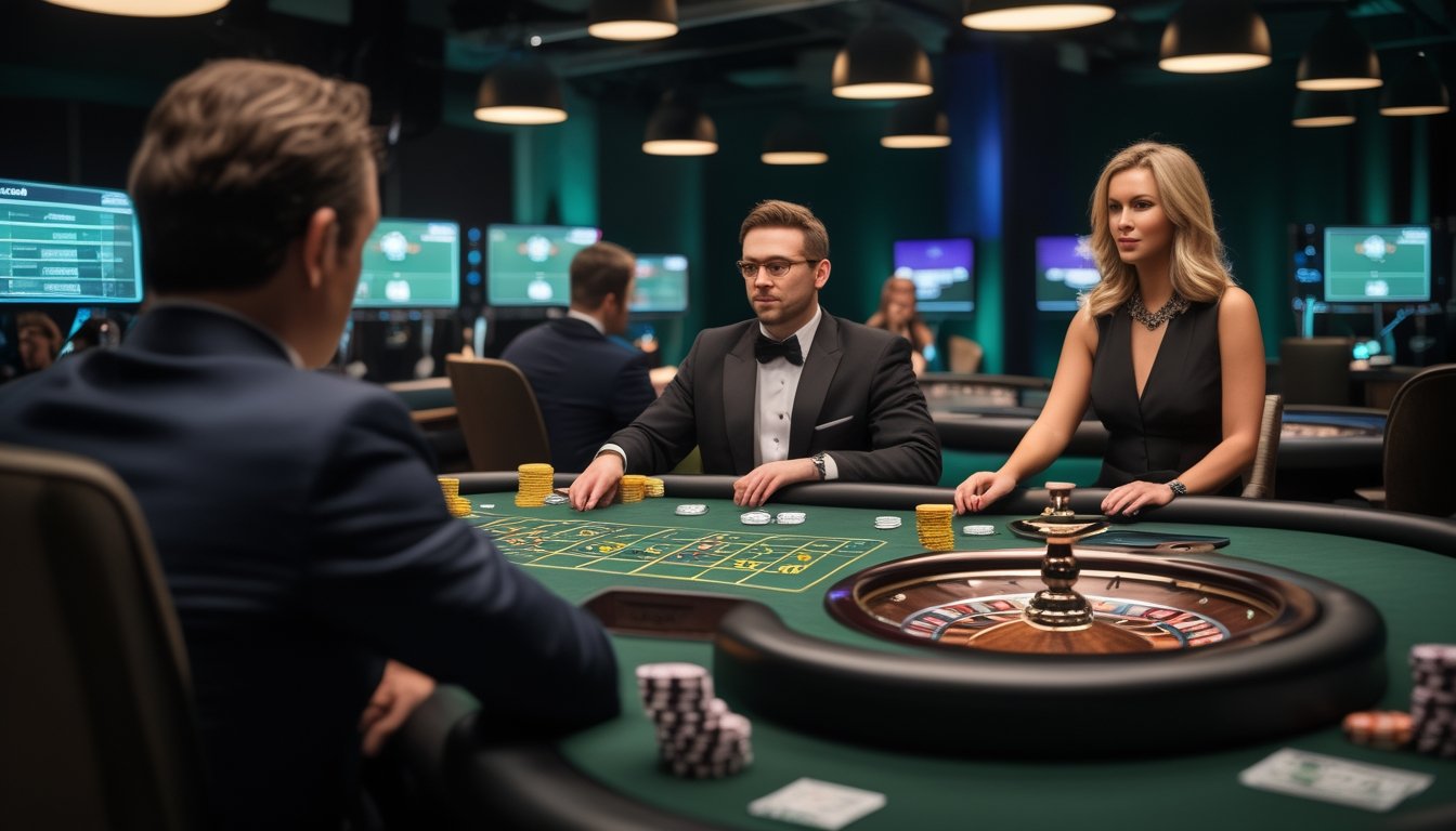 Dealer manusia memandu permainan roulette di studio kasino live yang modern dan transparan.