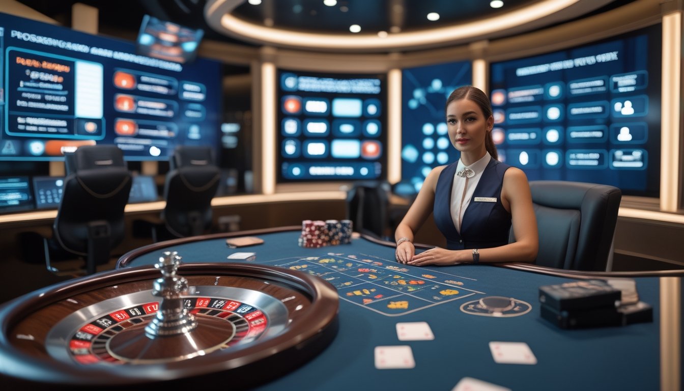 Dealer profesional memandu permainan kasino langsung di studio modern dengan meja roulette dan elemen keamanan digital.