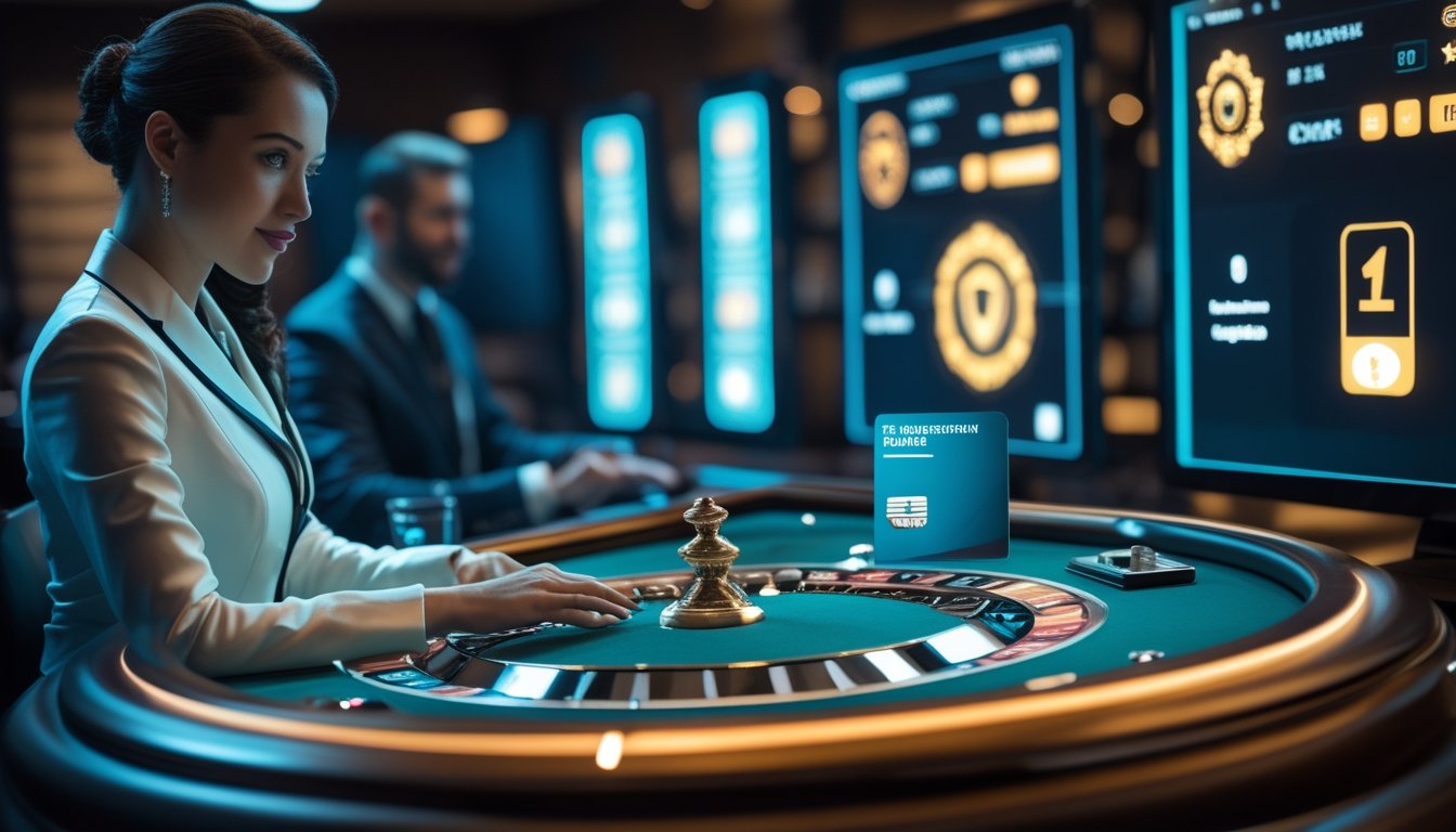 Dealer kasino live berada di meja permainan dengan simbol keamanan dan pembayaran digital di lingkungan kasino modern.