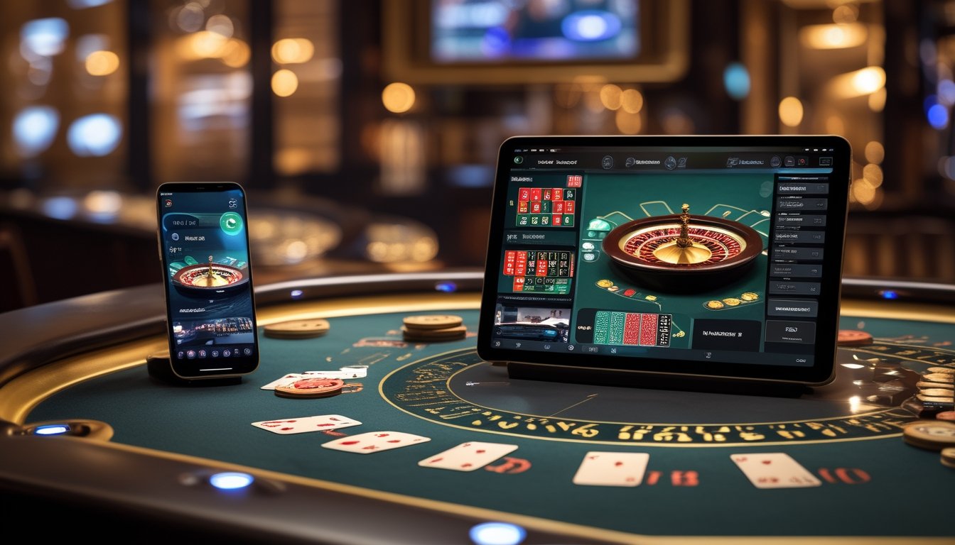 Ponsel dan tablet menampilkan permainan kasino live dengan dealer, roulette, kartu, dan chip di atas meja kasino.