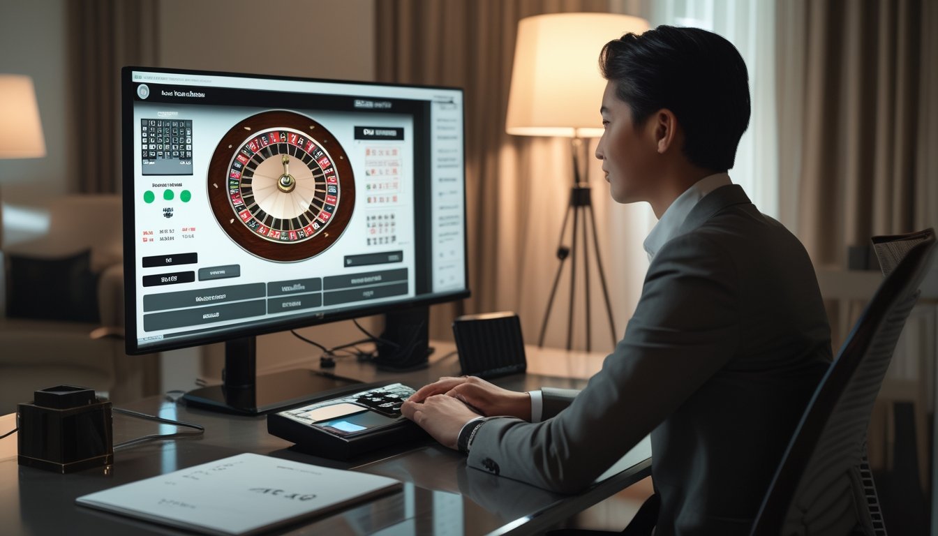 Seorang pemain melihat siaran permainan roulette langsung di komputer dengan catatan strategi di meja.