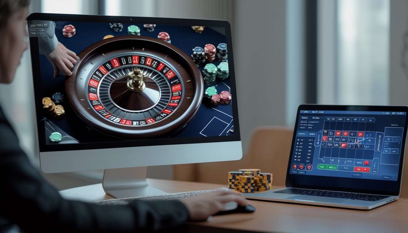 Meja roulette langsung dengan roda roulette, keping taruhan, dan layar yang menampilkan permainan online.