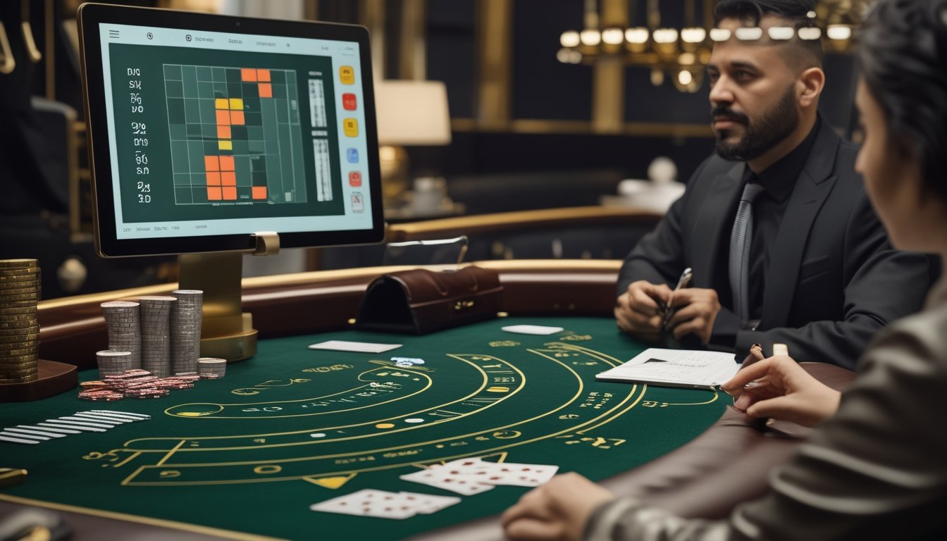 Seorang pemula mengamati dealer profesional di meja baccarat dengan kartu, chip, buku catatan, dan tablet.