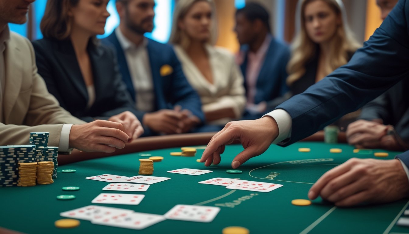 Meja baccarat dengan kartu, chip, dealer, dan beberapa pemain yang memperhatikan permainan.