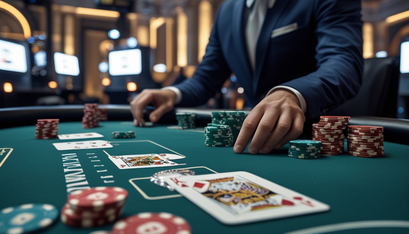 Pemain dewasa berkonsentrasi bermain blackjack di meja kasino bersama dealer profesional.