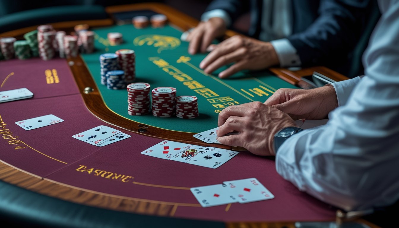 Dealer dan pemain dewasa memainkan blackjack di meja kasino dengan kartu dan keping taruhan.