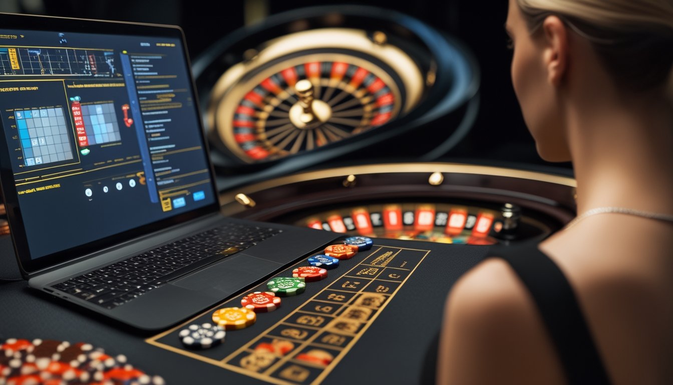Pemain mengamati roda roulette langsung dengan chip tersusun di meja dan perangkat digital di sampingnya.