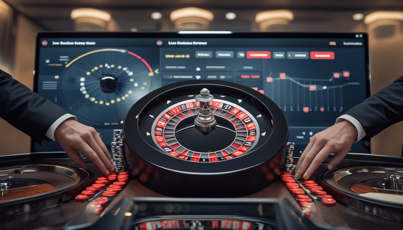 Meja roulette langsung dengan roda roulette, bola putih, chip taruhan, dan layar analisis abstrak di latar belakang.