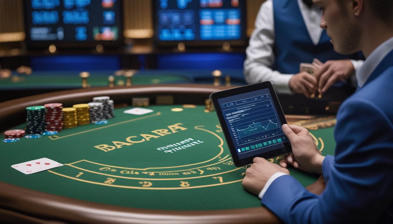 Seorang pemula mempelajari statistik permainan baccarat langsung di meja kasino dengan dealer, kartu, chip, dan grafik abstrak.