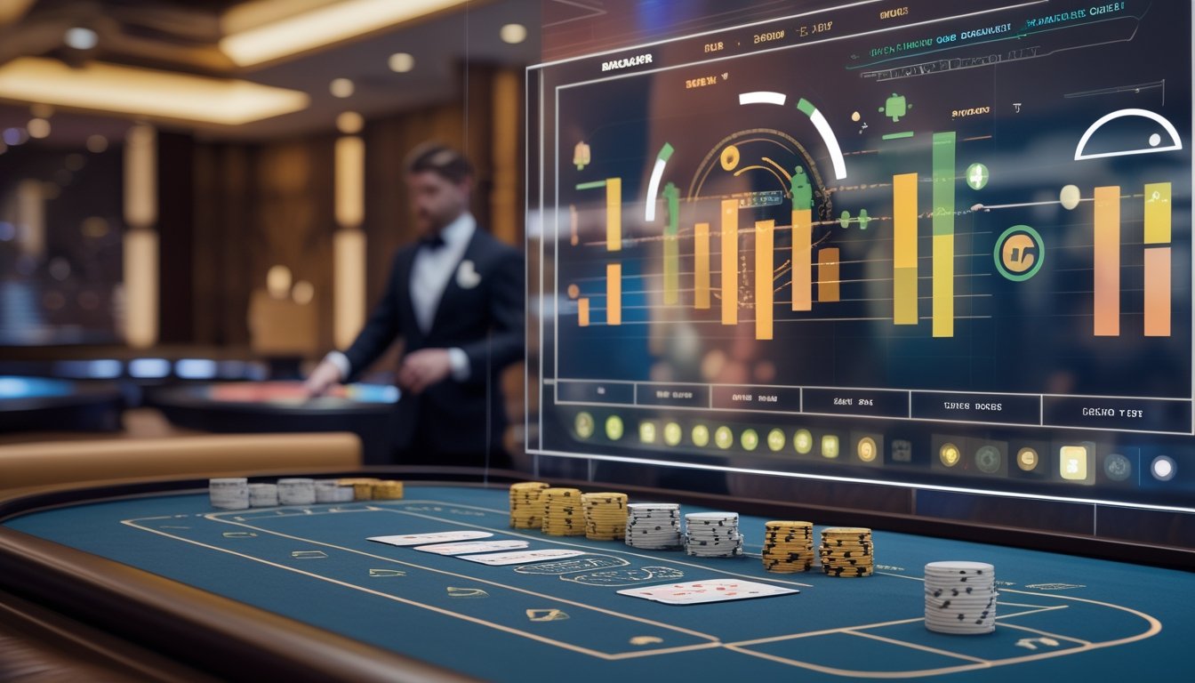 Dealer dan meja baccarat dengan kartu, chip, serta tampilan visual statistik hasil permainan.