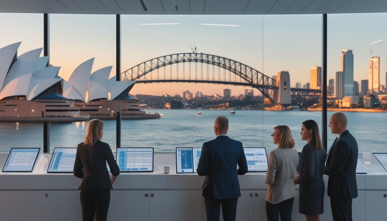 Pemandangan kota Sydney dengan gedung Opera House dan Harbour Bridge, sementara beberapa orang meninjau data di kantor modern.
