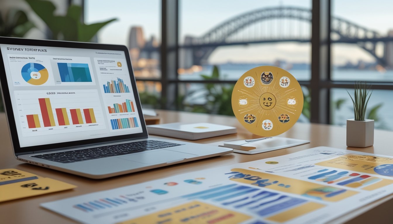 Meja kerja dengan laptop, grafik abstrak, ilustrasi zodiak, dan pemandangan kota Sydney di latar belakang.
