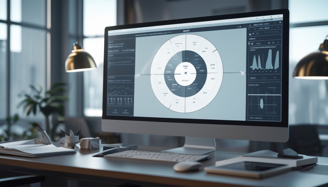 Meja kerja analis dengan monitor yang menampilkan grafik statistik abstrak dan pola data bertema zodiak.