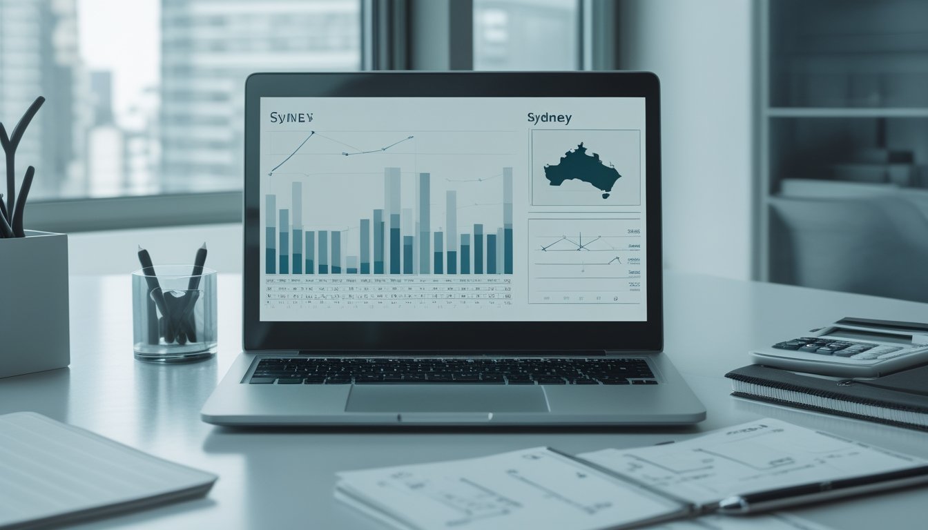 Meja kerja modern dengan laptop berisi grafik data abstrak, kalkulator, buku catatan kosong, dan siluet kota Sydney.