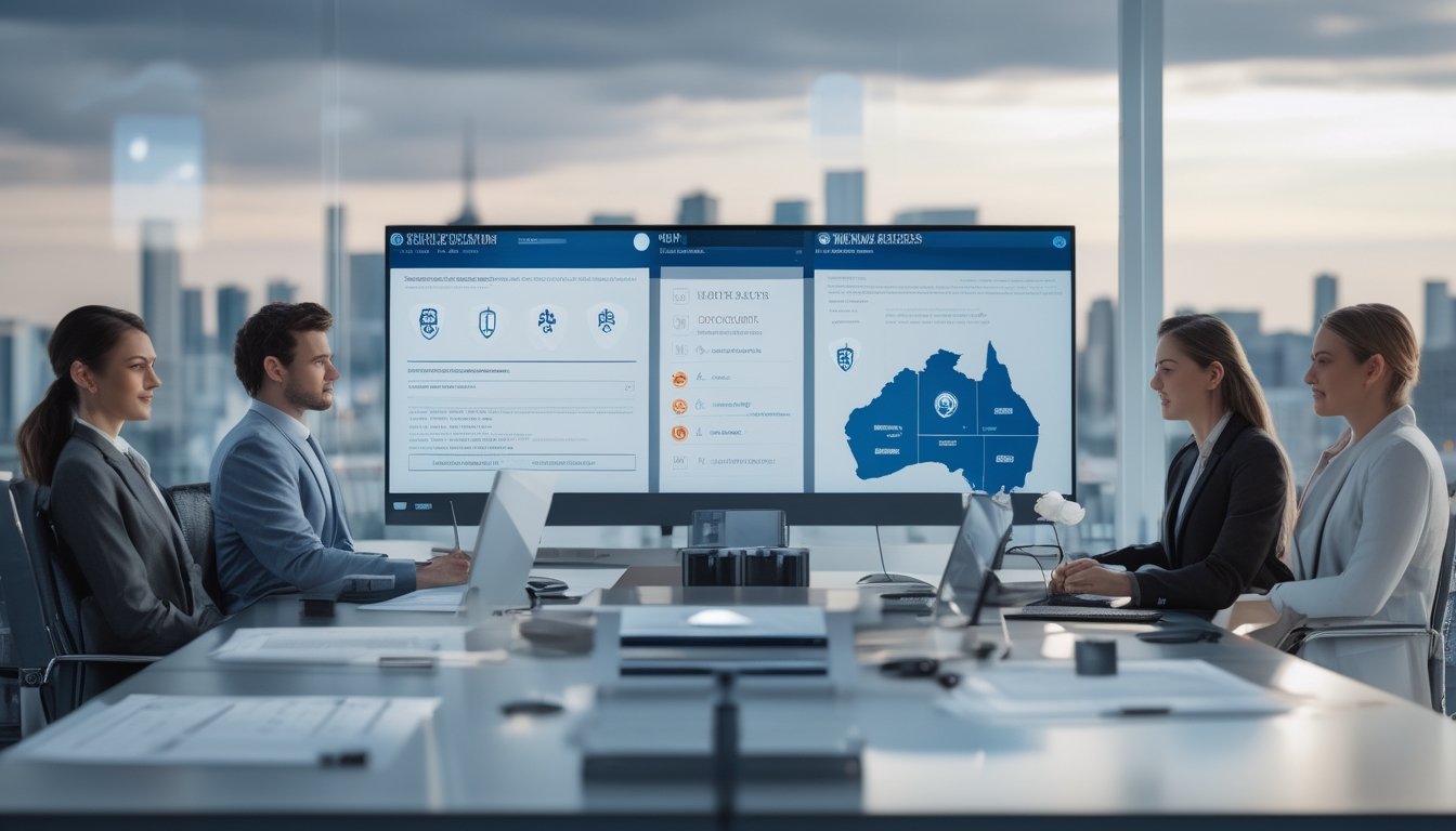 Profesional dewasa meninjau dokumen kepatuhan dan keamanan digital di kantor modern dengan latar kota Sydney.