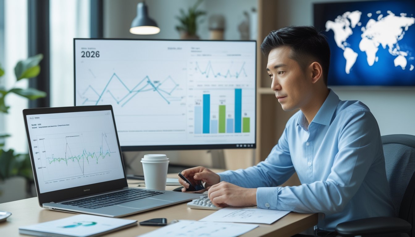 Seorang profesional menganalisis data keuangan di meja kerja dengan laptop, kalkulator, dan catatan kosong.