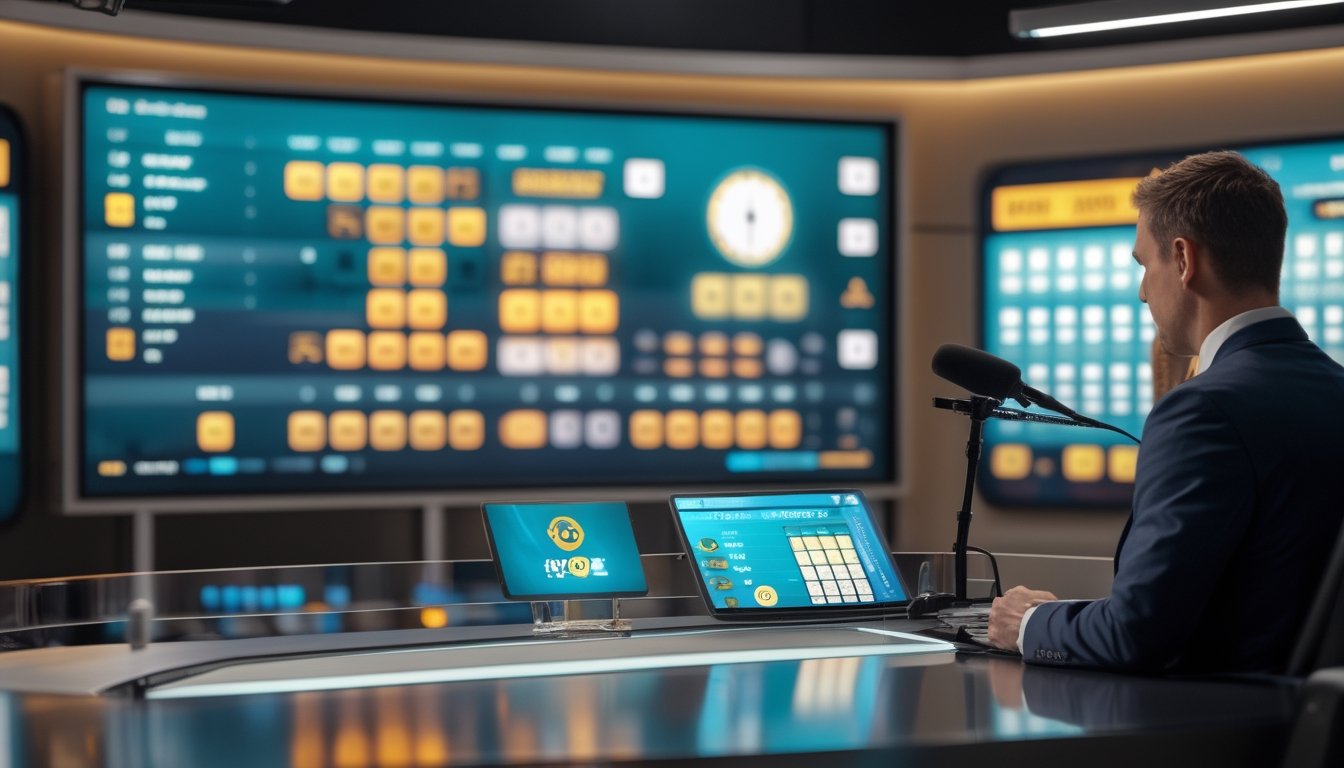 Presenter meninjau jadwal pengundian di studio siaran modern dengan layar data abstrak.