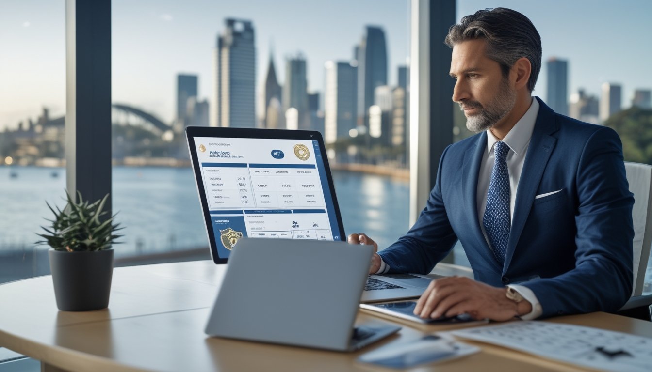Analis dewasa meninjau data lotre pada laptop di kantor modern dengan latar cakrawala Sydney.