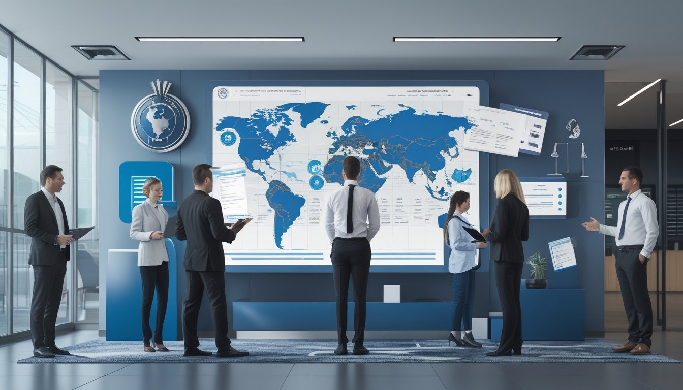 Sekelompok profesional meninjau dokumen kepatuhan dan data digital dengan simbol globe serta perisai keamanan di kantor modern.