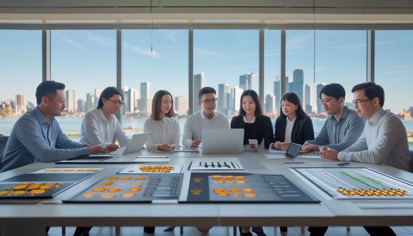 Tim analis memeriksa grafik statistik dan simbol zodiak Tionghoa di kantor modern dengan latar langit Sydney.