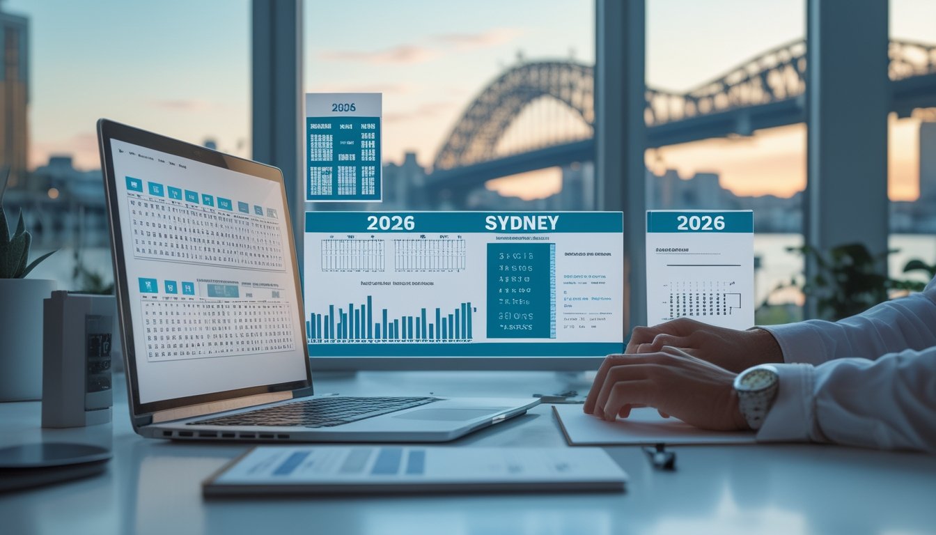 Seorang analis meninjau grafik data dan kalender di meja kerja dengan latar cakrawala Sydney.