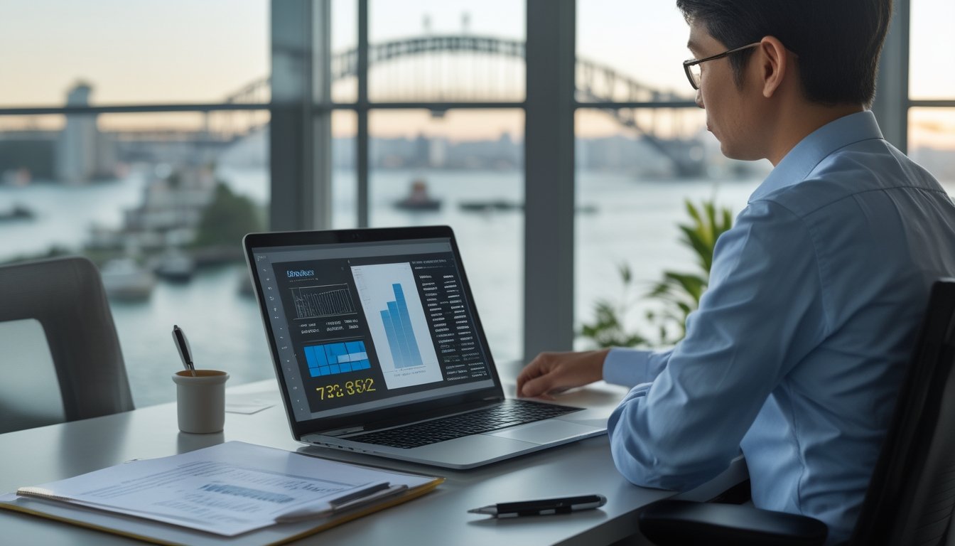Seorang profesional menyusun rencana angka dan keuangan di meja kerja dengan laptop, kalkulator, dan pemandangan kota Sydney di latar belakang.