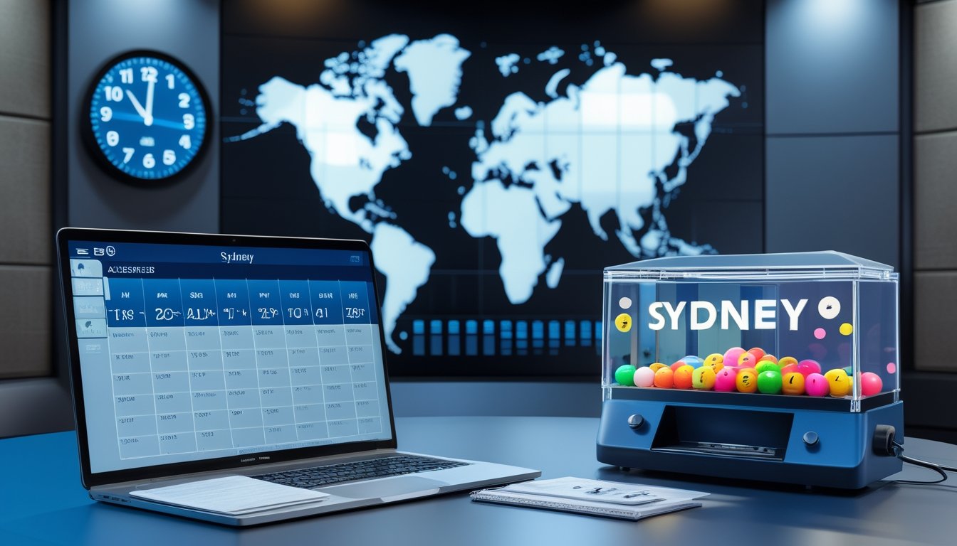 Studio modern dengan jam digital, peta Sydney, kalender, laptop, dan mesin pengundian berisi bola warna-warni.