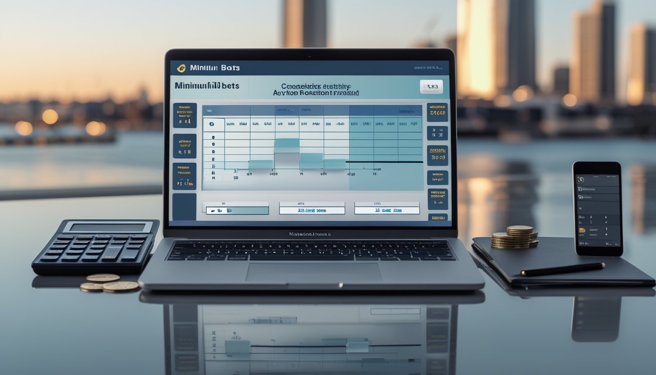 Meja kerja modern dengan laptop menampilkan grafik abstrak, kalkulator, koin, dan pemandangan pelabuhan Sydney yang buram di latar belakang.