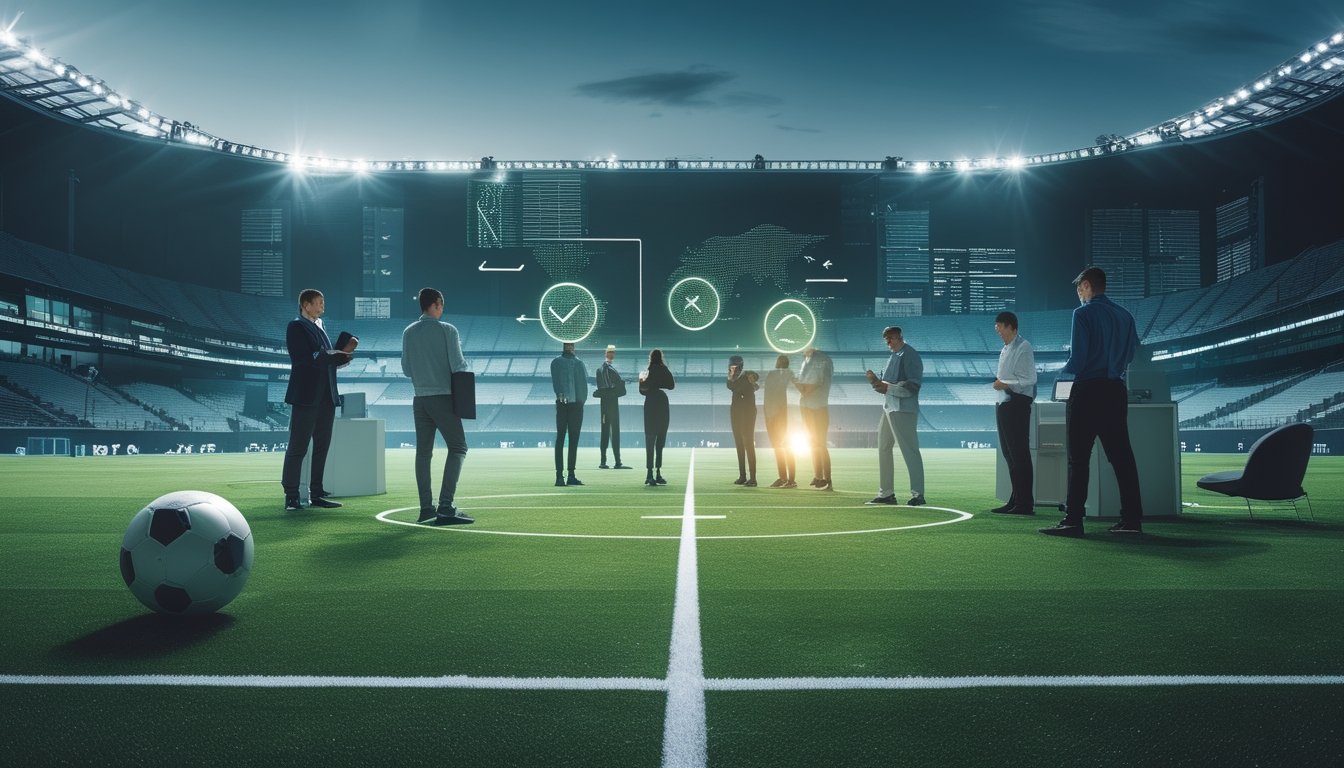 Suasana stadion sepak bola modern dengan penggemar dewasa yang membandingkan data olahraga melalui perangkat digital.