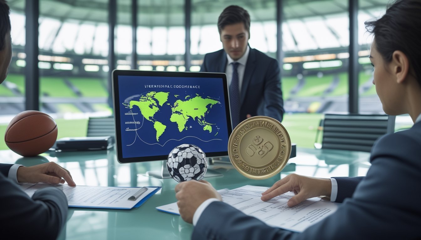 Profesional hukum dan kepatuhan meninjau dokumen lisensi di ruang kantor dengan latar stadion sepak bola.