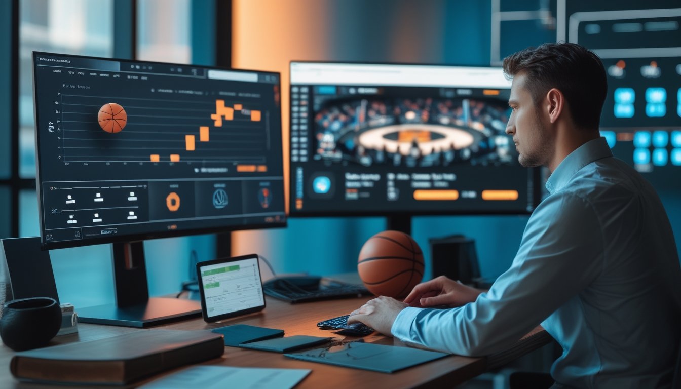 Analis mempelajari grafik dan perangkat digital di ruang kerja dengan bola basket serta perlengkapan esports.