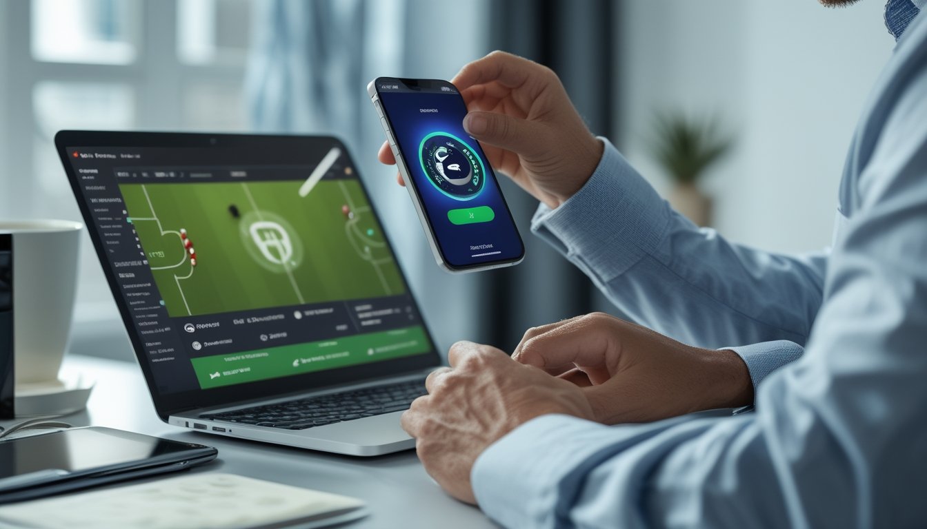 Seseorang menggunakan ponsel dan laptop dengan konsep dompet digital serta transfer dana yang cepat.
