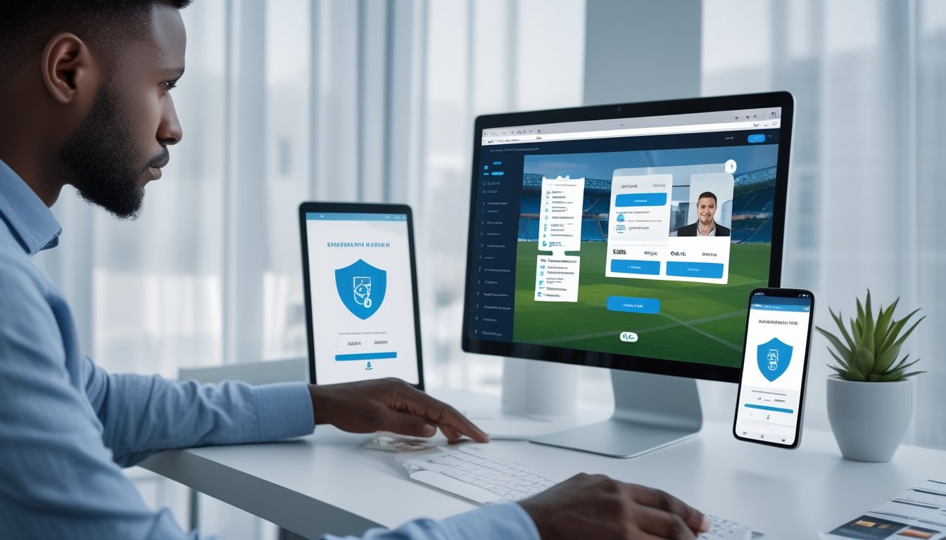 Seorang profesional memeriksa keamanan dan verifikasi platform pembayaran digital di laptop dengan ikon perisai dan ponsel di meja.