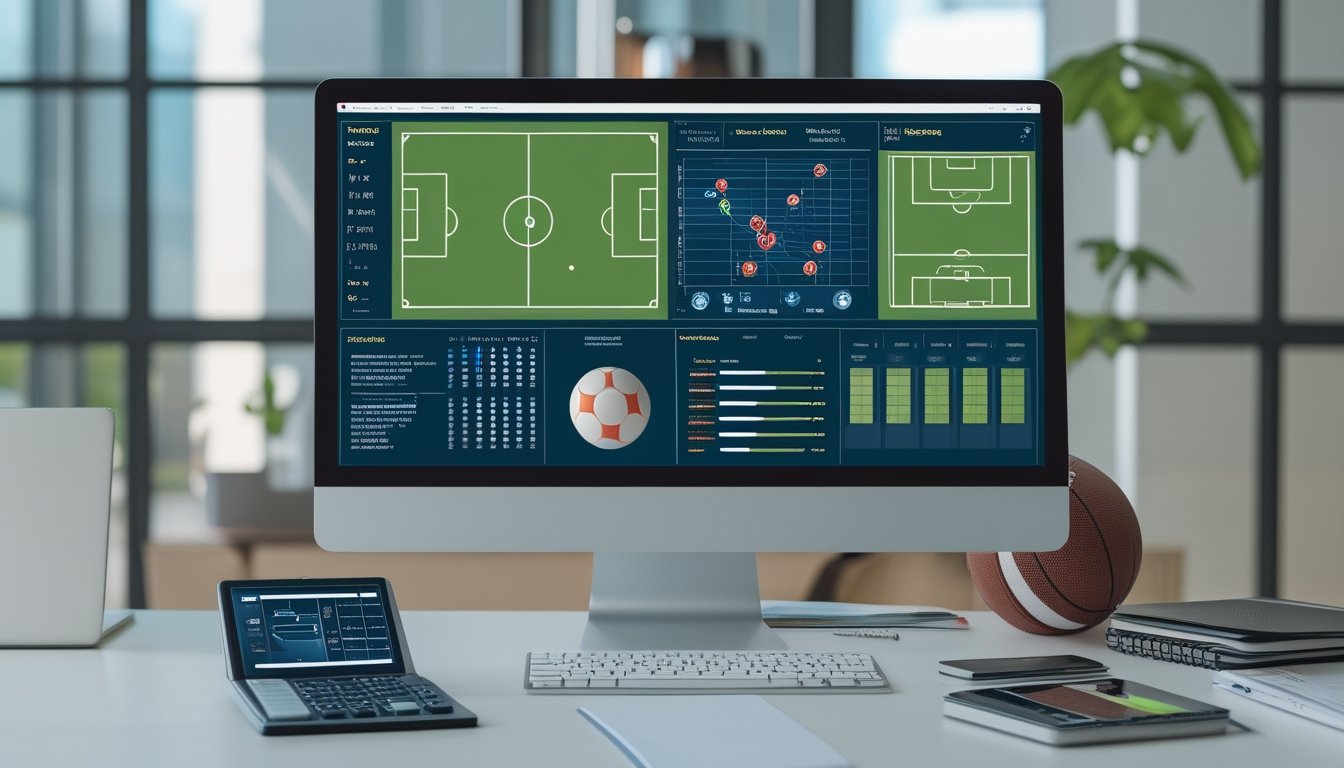 Meja kerja analis olahraga dengan bola sepak, laptop, dan grafik pertandingan abstrak.