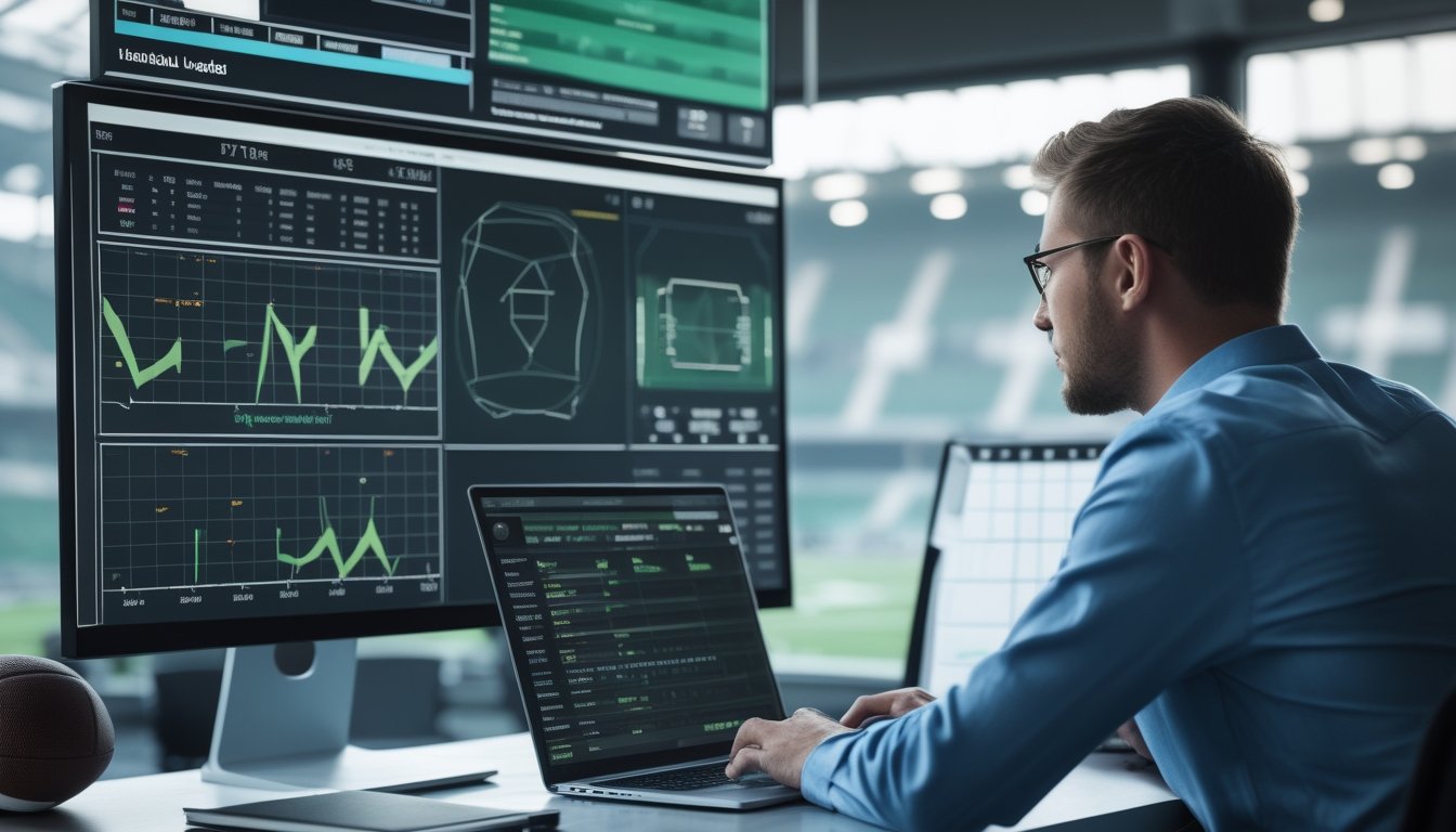 Seorang analis mempelajari data performa liga sepak bola di ruang kerja modern dengan laptop dan bola di dekatnya.