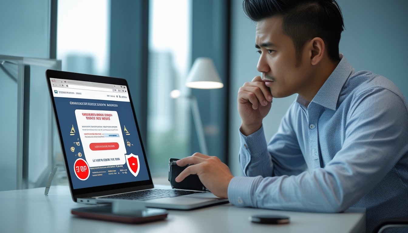 Seseorang memeriksa situs taruhan sepak bola mencurigakan di laptop dengan simbol peringatan dan perlindungan keamanan.