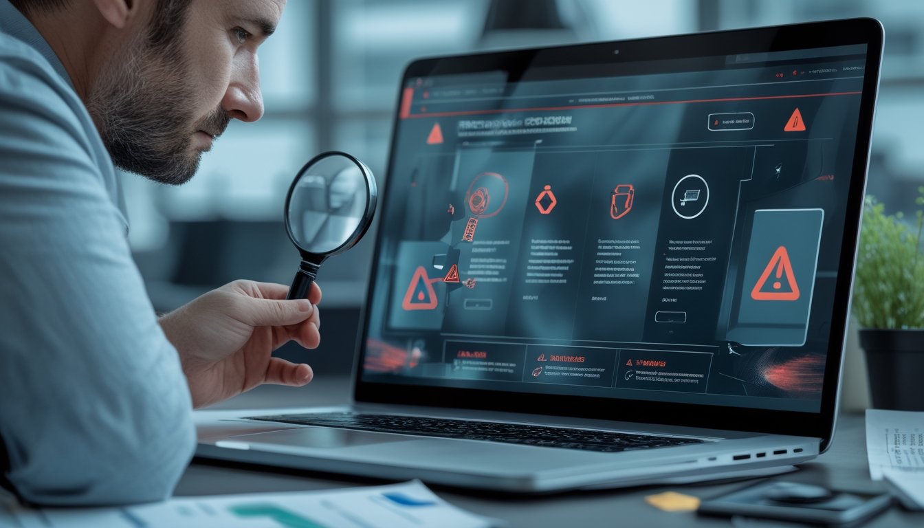Seseorang memeriksa laptop dan ponsel dengan simbol peringatan terkait platform taruhan daring yang mencurigakan.