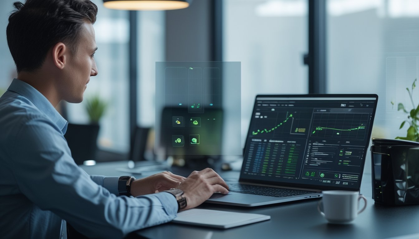Seseorang menggunakan laptop dan ponsel untuk mempelajari taruhan olahraga virtual dengan tampilan grafik olahraga digital.