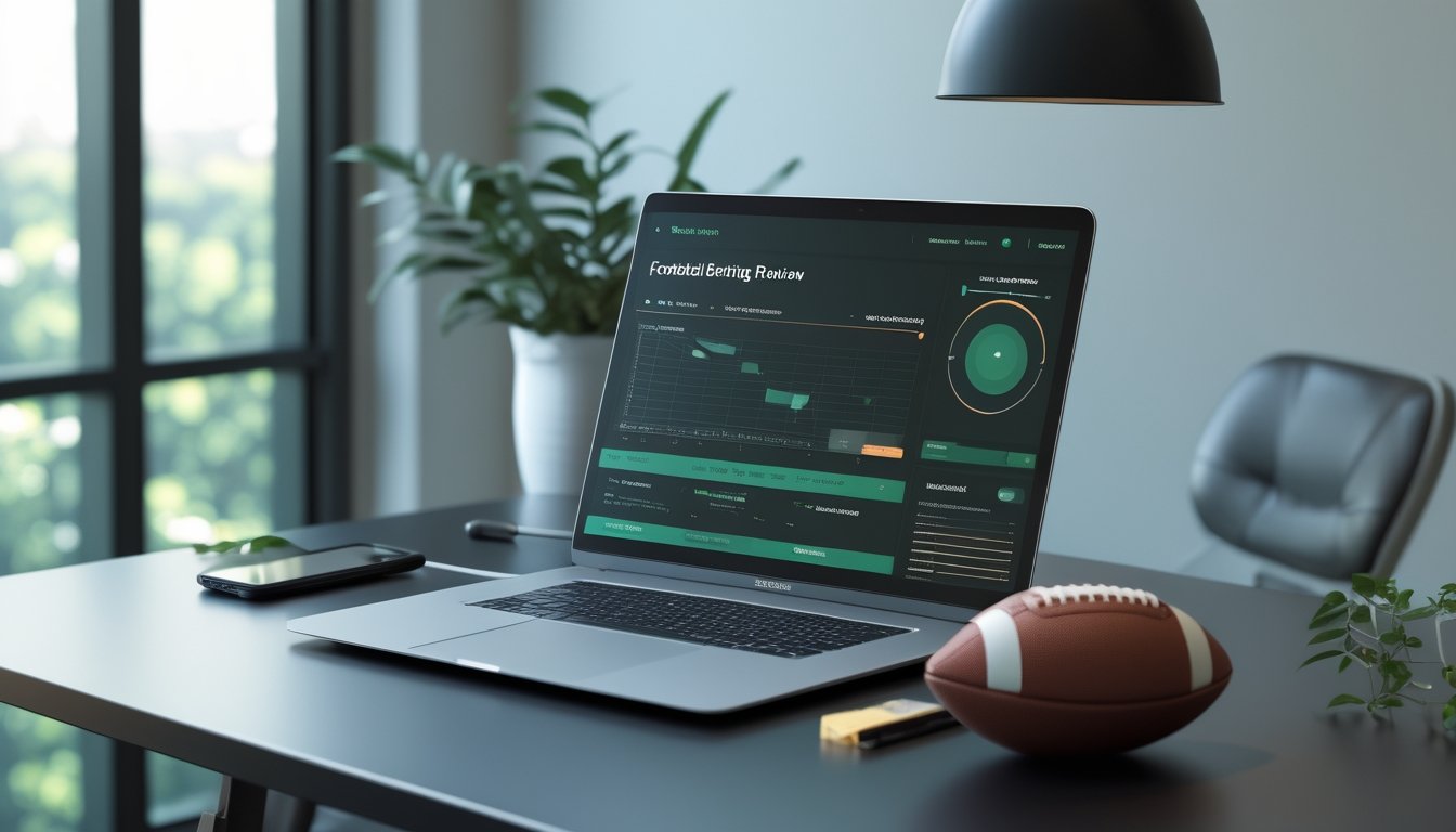 Laptop dan ponsel menampilkan data pertandingan sepak bola di meja kerja, dengan bola di sampingnya.