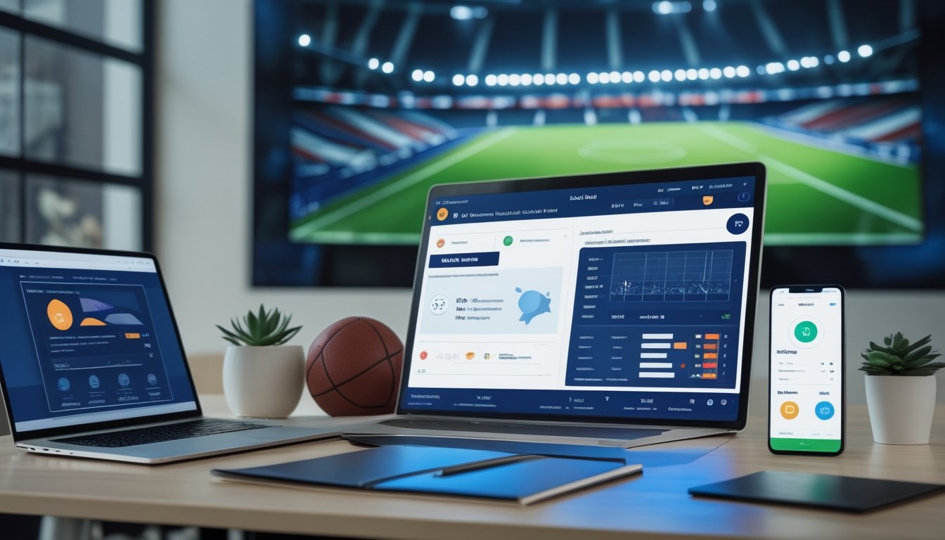 Seorang analis meninjau data sepak bola dan layanan dukungan 24 jam di ruang kerja modern dengan laptop, ponsel, dan bola sepak.