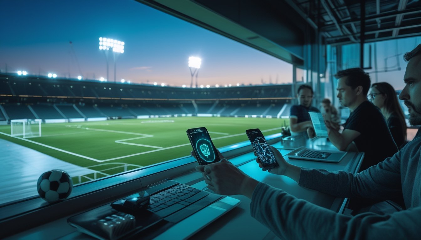 Suasana stadion sepak bola modern dengan penggemar dewasa menggunakan perangkat digital dan simbol keamanan siber.