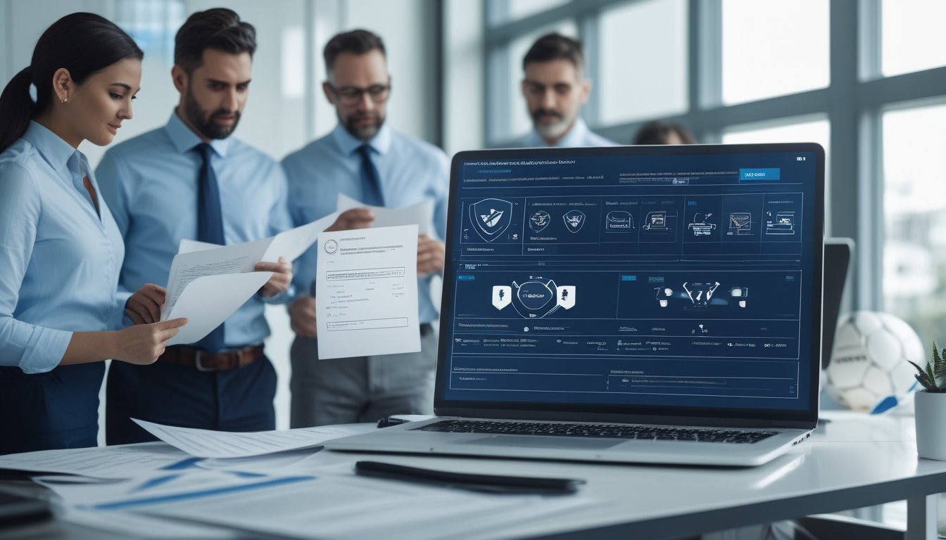Tim profesional memeriksa dokumen lisensi dan keamanan platform olahraga di kantor modern.