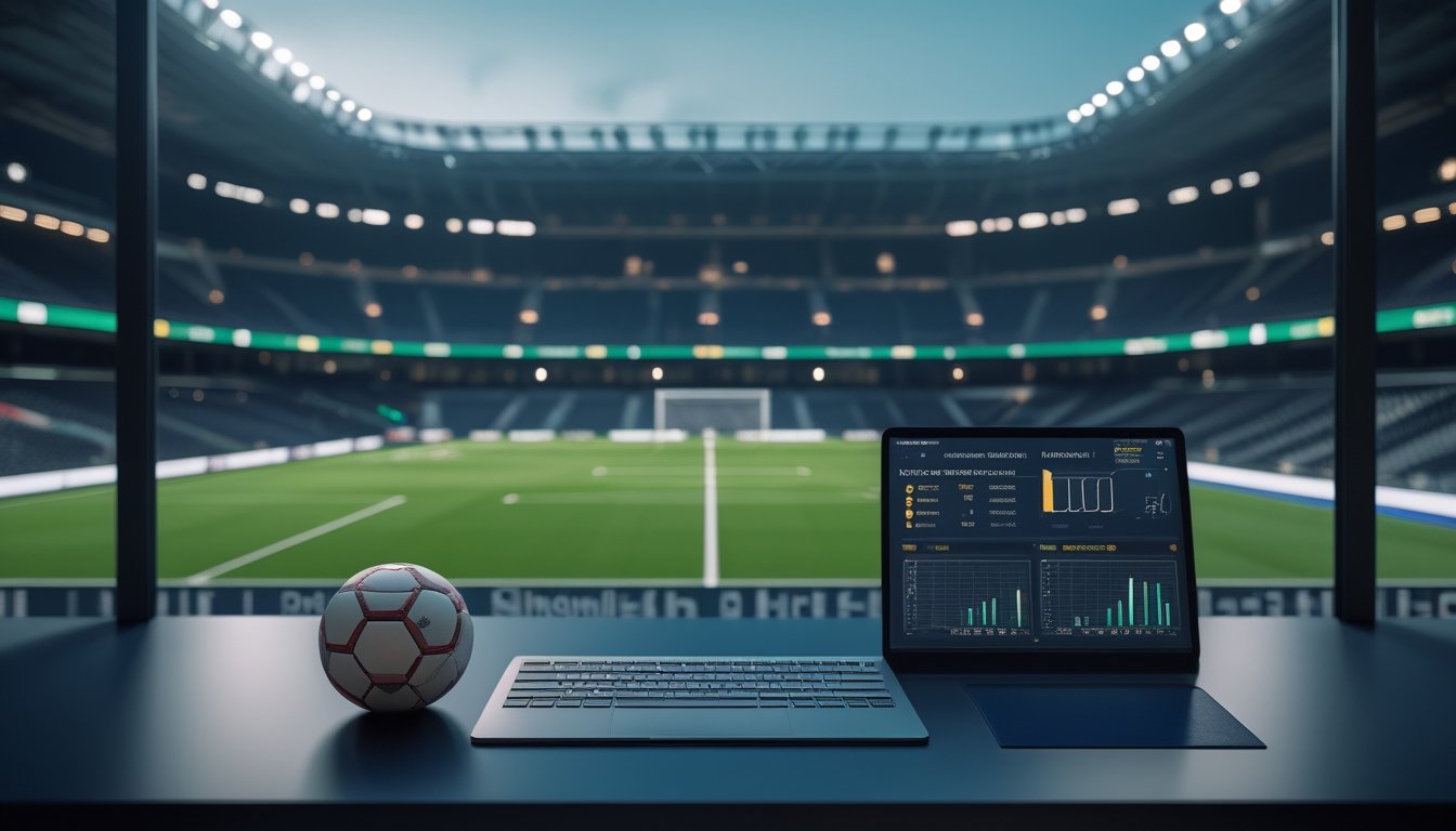 Suasana stadion sepak bola modern dengan layar analitik pertandingan abstrak di meja depan.