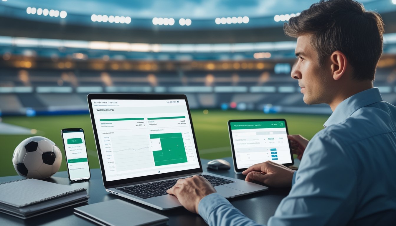 Seorang analis meninjau data sepak bola di laptop dan ponsel di meja kerja dengan stadion yang tampak di latar belakang.