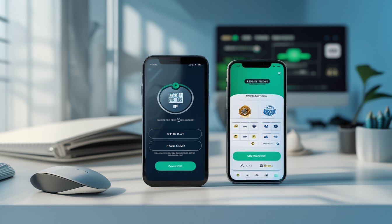 Ponsel dengan tampilan pembayaran digital dan pertandingan sepak bola di atas meja kerja modern.